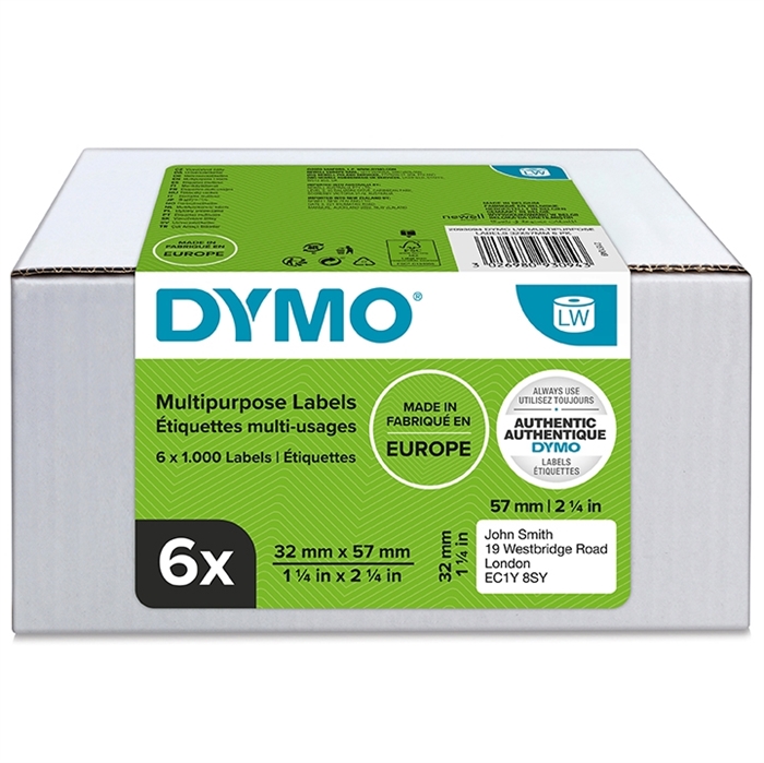 Dymo nalepke Multi 32 x 57 mm odstranljive bele mm, 6 x 1000 kosov.