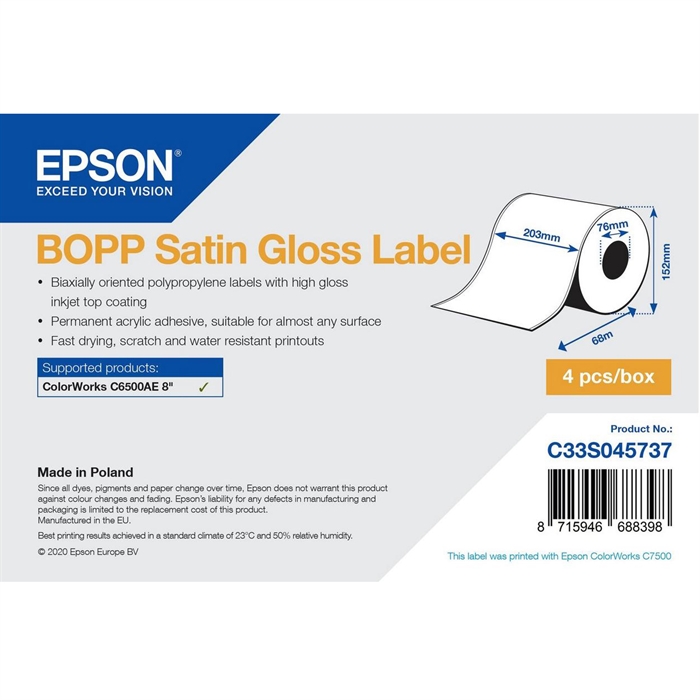 Epson BOPP Satin Gloss Label - Continuous Roll: 203 mm x 68 m