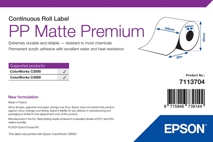 Epson PP mat etiketa Premium, neprekinjeno navijanje, 105 mm x 29 m