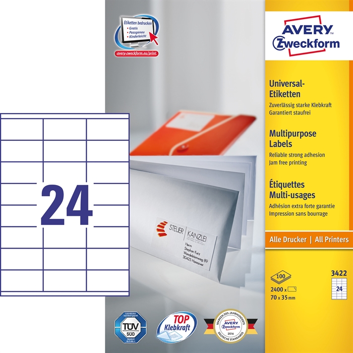 Avery ILC univerzalne etikete 70 x 35 mm, 2400 kos.