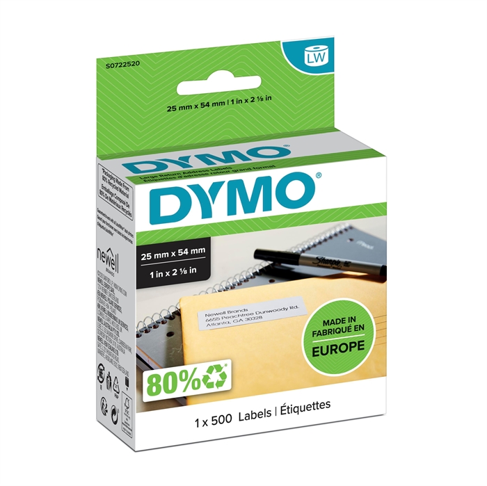 Dymo Nalepke za vračilo 25 x 54 mm, trajne bele, 500 kos.