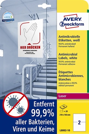 Avery protimikrobne etikete 210 x 148 mm, bele, 20 kos.